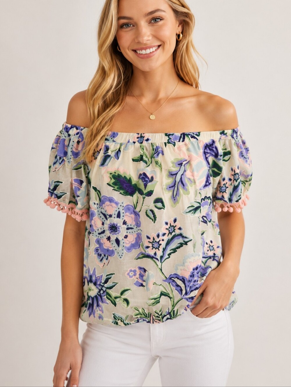 Entro NWOT Pink, Ivory & Lavender Floral Off Shoulder Top with Pom Poms